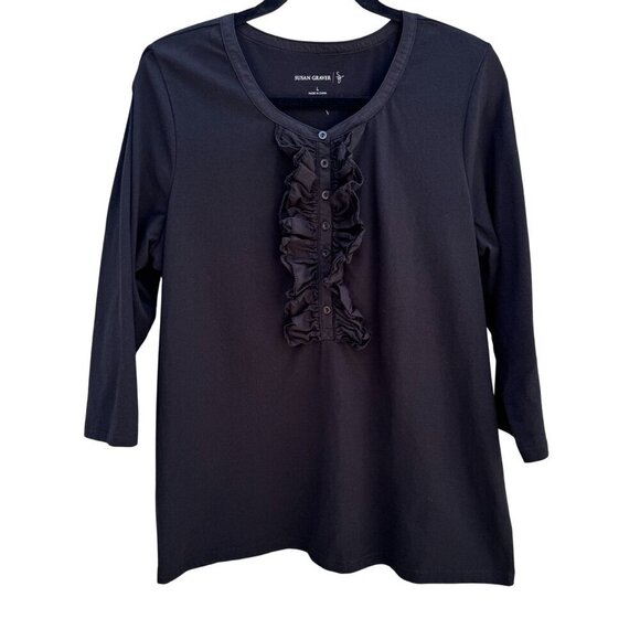 Susan Graver Womens Black Ruffle Front 3/4 Sleeve Knit Cotton Spandex Top L - Picture 1 of 7